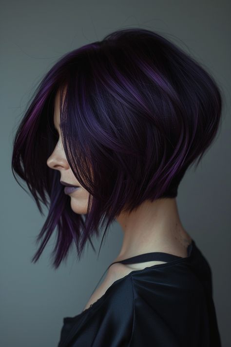 42+ Stunning Midnight Purple Hair Ideas Edgy Purple Hair, Dark Purple Bob Hair, Cool Winter Hair Color Ideas, Dark Purple Short Hair, Dark Purple Outfit Ideas, Midnight Purple Hair, Purple Short Hair, Purple Hair Ideas, Asymmetrical Hair