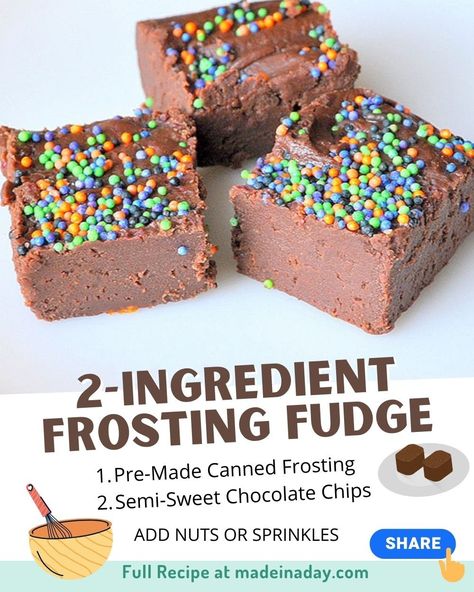 Think making fudge is too complicated? Think again with this 2 ingredient frosting fudge recipe. Just pick a can frosting flavor, add some toppings and you are done! 2-ingredient frosting fudge, holiday fudge,, easy recipe, recipe, holiday treat, Christmas fudge, fool proof, microwave fudge Frosting Fudge, Making Fudge, 2 Ingredient Cakes, No Bake Fudge, 2 Ingredient Fudge, Holiday Fudge, How To Make Fudge, Dessert Treats, Fudge Flavors