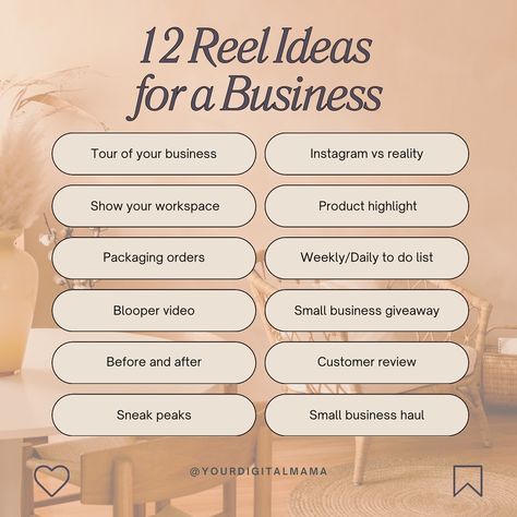 Need some ideas for reels? 🎥 Here’s 12 Instagram Reel Ideas for a Business 👩‍💼 • Tour of your business • Show your workspace • Packaging orders • Blooper video • Before and after • Sneak peaks • Instagram vs reality • Product highlight • Weekly/daily to do list • Small business giveaway • Customer review • Small business haul You can also use these ideas for the clock app! Save this for later and follow @yourdigitalmama for all things life & business! #socialmediatips #socialm... App For Small Business, Customer Giveaways Ideas, Poster Ideas For Business, Small Business Video Ideas, Small Business Workspace Ideas, Business Reels Ideas, Reel Ideas For Small Business, Giveaway Ideas For Small Business, Hair Revamping