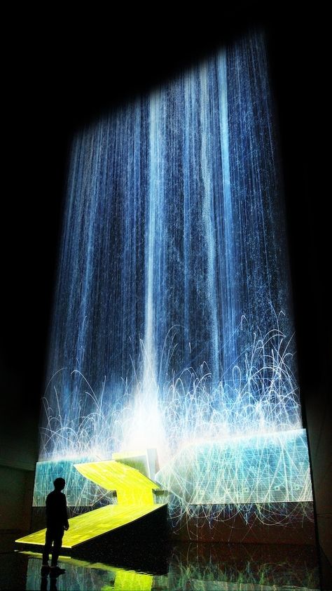 Digital Waterfall Projected On A Satellite Gives The Illusion Of Weightlessness - Creators Projection Mapping Installation, Team Lab, Light Waterfall, Water Projection, Projection Installation, Waterfall Project, Waterfall Pond, Bühnen Design, Light Art Installation