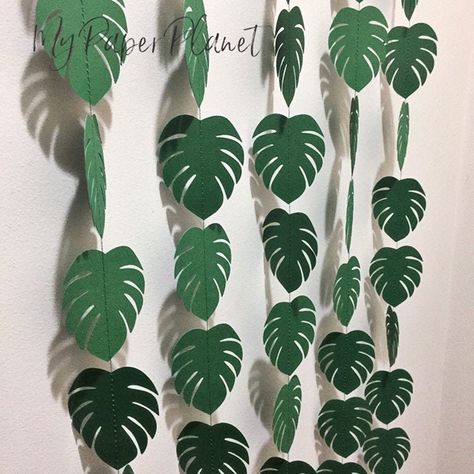 Tropical Leaf Garland. Tropical party backdrop. Green monstera leaves. Baby shower, jungle party greenery, birthday party decorations. etsy Tropical Party Backdrop, Hawaii Decorations, Greenery Party, Cabin Decorations, Tiki Theme, Jungle Theme Decorations, Cardboard Animals, Jungle Party Decorations, Jungle Decorations