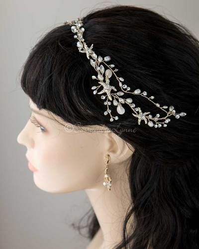 Starfish Headpiece, Beach Wedding Headpieces, Ocean Wedding Theme, Gold Bridal Hair Accessories, Vine Headband, Gold Headpiece Wedding, Beachy Wedding, Wedding Hair Vine, Wedding Hairstyles Bride