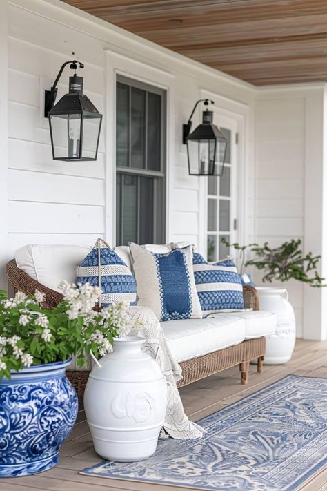 woven sofa on front porch with white cushions and white and blue throw pillows Beach Style House Exterior, Beach Patio Decorating Ideas, Coastal Mexican Decor, Beach House Porch Decor, Beach Cottage Porch, Blue And White Outdoor Patio, Blue And White Outdoor Decor, Mediterranean Porch Ideas, Cottage Porches Ideas Small