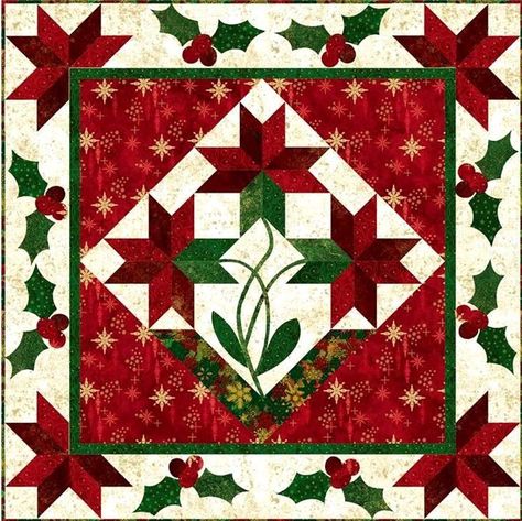 Poinsettia Medallion quilt by Patti Carey at Front Porch Quilt Shop Quilted Christmas Wall Hangings, Porch Quilts, Red Christmas Flower, Christmas Quilt Blocks, Christmas Patchwork, Christmas Quilting, Christmas Quilt Patterns, Medallion Quilt, Holiday Quilts