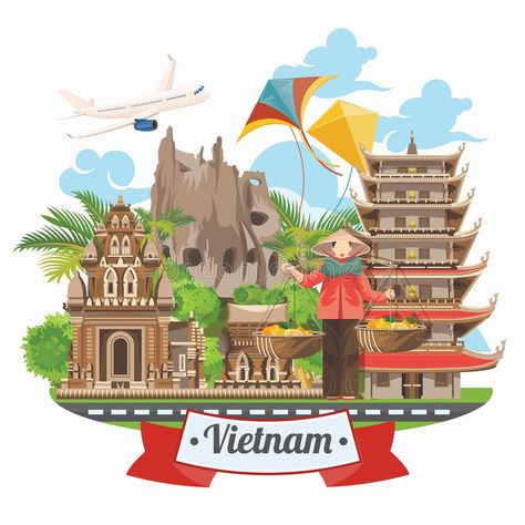 Travel to Vietnam poster with airplane. Set of traditional Vietnamese cultural symbols. Vietnamese landmarks and lifestyle of Vietnamese people stock illustration Vietnamese Painting, Vietnam Culture, Vietnam Map, Essay Samples, Vietnamese Culture, Cover Highlight, Highlight Ig, Vietnam Art, Vietnam Travel Guide