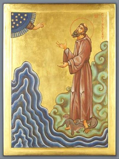 St. Cuthbert, an early Celtic Saint, used to pray standing in the sea.  When he stepped out, the sea otters would dry his feet with their fur. Saint Cuthbert, St Cuthbert, Sea Otters, Celtic Patterns, Byzantine Art, Religious Images, Byzantine Icons, Religious Icons, Orthodox Icons