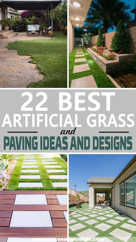 Artificial Turf And Pavers Ideas, Backyard Paver And Grass Ideas, Lawn Patio Ideas, Paving Stones With Grass Between, Grass And Paving Ideas, Grass Outdoor Patio, Lawn Paver Ideas, Half Concrete Half Grass Backyard, Paver Turf Design