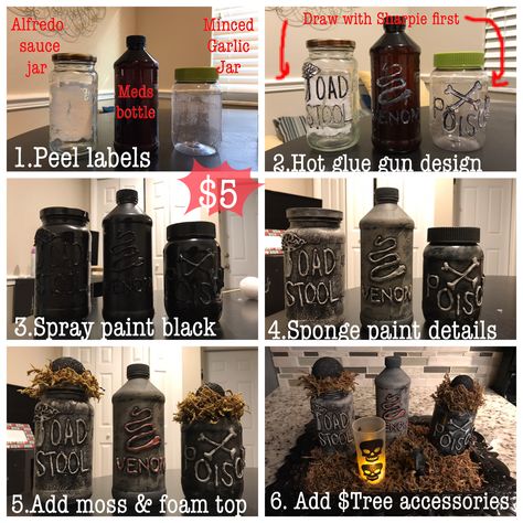 Black Spray Paint Halloween, Diy Halloween Vase, Spray Paint Glass Jars, Harry Potter Infographic, Potion Shelf, Upcycled Jars, Witchy Party, Halloween Vase, Highlight Colors