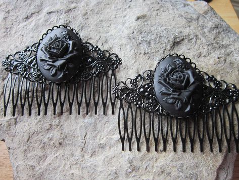 "Beautiful pair of black rose cameo hair combs. The cameo is amazingly detailed. The black filigree hair comb is very pretty and about 3\" long, please see the photos. I have an enormous selection of cameos you can choose from for a custom order, so please do browse my shop, and feel free to message me. I have a wide selection of lockets, brooches, formal gloves, chokers, barrettes, necklaces, bracelets earrings, rings and matching sets. I can make a complete set, comb or barrette, necklace and Black Hair Goth, Happy Goth, Gothic Diy, Witchy Wardrobe, Gothic Headpiece, Goth Hairstyles, Elegant Goth, Gothic Hair, Goth Stuff