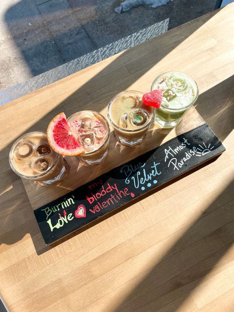 Valentine’s Coffee Flight at Third Space Cafe in Uptown, Minneapolis Cafe Valentines Day, Coffee Shop Valentines Decor, Coffee Event Ideas, Cafe Event Ideas, Valentines Day Coffee Drinks, Valentines Coffee Drinks, Coffee Shop Marketing, Coffee Flights, Drink Flights