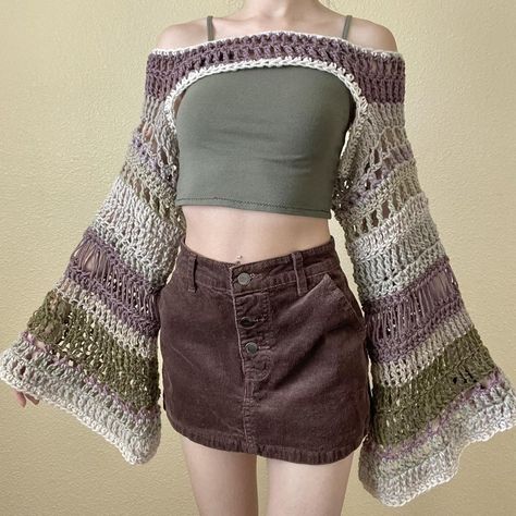 crochet shrug, bolero, mesh, boho, fairycore,... - Depop Crochet Top Sleeves, Shrug Outfit, Mesh Top Outfit, Crochet Shrug Bolero, Fairy Crochet, Shrug Top, Crochet Outfit, Crochet Fairy, Crochet Aesthetic