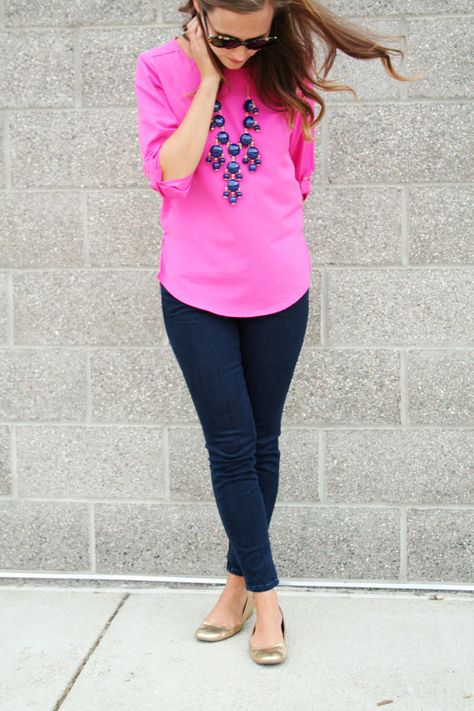 jillgg's good life (for less) | a style blog: my outfit: pink for fall! Hot Pink Shirt Outfit, Pink Top Outfit, Preppy Mode, Hot Pink Blouses, Teacher Clothes, Outfit Pink, West Michigan, My Outfit, Beautiful Clothes