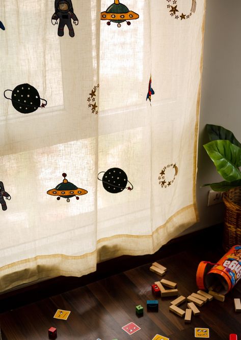 Beautifully crafted from 100% pure linen with Back Tabs + Rod Pockets for your kid's nursery, step into a world of imagination with our captivating Outer Space Galaxy-themed Embroidered Linen Sheer Curtains for Kid's Nursery Rooms. Let their dreams soar among the stars as these exquisite curtains transport them to a celestial realm of wonder and discovery. Crafted from premium pure linen, these curtains boast a luxurious sheer quality that delicately diffuses natural light, casting a gentle cele Forest Inspired Kids Room, Toddler Space Bedroom, Curtains Kids Bedroom, Funky Nursery, Linen Sheer Curtains, Nursery Blackout Curtains, Nursery Details, Space Nursery Decor, Color Block Curtains