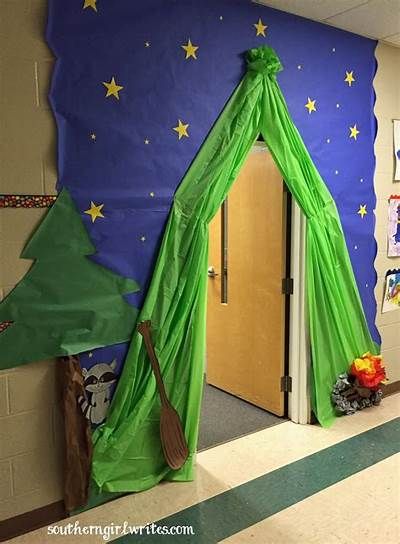 Teacher Appreciation Week-Camping Theme - Southern Girl Writes-Kate ... Camping Preschool, Camp Vbs, Camping Classroom, Camping Theme Classroom, Vbs Themes, Classroom Transformation, Porte Decorate, Aktivitas Montessori, Camping Theme