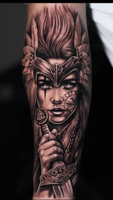 Female Viking Tattoo, Female Viking, Warrior Tattoo Sleeve, Arm Tattoos Drawing, Female Warrior Tattoo, Norse Mythology Tattoo, Valkyrie Tattoo, Viking Tattoo Sleeve, Unique Tattoos For Men