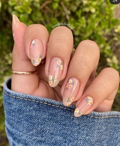 Almond Nails With Rhinestones Summer, Neutral Floral Nails Short, Wedding Nails With Vines, Nude Nails With Blue Flowers, Thumbelina Wedding, Floral Wedding Nails, Wild Flower Nails, Wildflower Nails, Dried Flower Nails