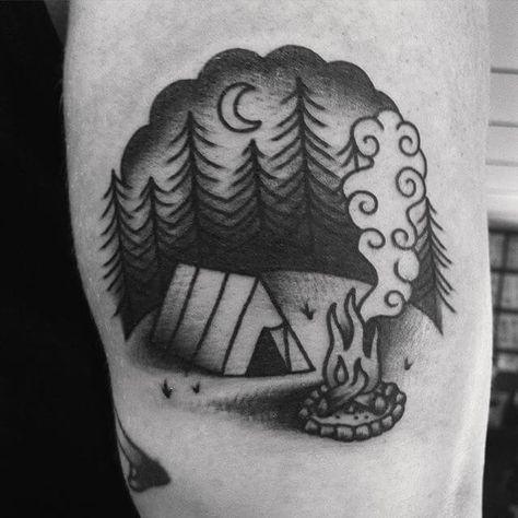 Martin Tattoo, Camping Tattoo, Traditional Tattoo Inspiration, Lake Camping, Sick Tattoo, Landscape Tattoo, Doodle Tattoo, Camp Camp, Awesome Tattoos