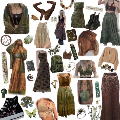 fairycore, green witch, witchy vibes Witchy Earthy Outfits, Earth Witch Outfit Aesthetic, Boho Witch Capsule Wardrobe, Fairycore Outfit Board, Green Witch Clothing Aesthetic, Witchy Aesthetic Clothing, Cottagecore Punk Outfits, Hippy Inspired Outfits, Witch Asethic Outfits