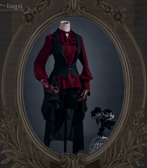 Lingxi -Back To Victorian Era- Gothic Ouji Lolita Vest with Overlay Female Victorian Suit, Red And Black Victorian Suit, Vampire Outfit Aesthetic Victorian, Victorian Vampire Outfit Men, Red Ouji Fashion, Gothic Red Outfit, Red Victorian Suit, Vampiric Clothing, Victorian Gothic Fashion Male