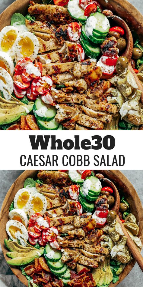 Easy Caesar Cobb salad. Made with grilled chicken, avocado, bacon, all the toppings, and creamy Caesar dressing! A fast whole30 and paleo family dinner recipe for meal prep.#whole30 #salad #healthy #paleo Paleo Grilled Chicken, Whole30 Salad, Grilled Chicken Caesar, Creamy Caesar Dressing, Grilled Chicken Avocado, Clean Dinner Recipes, Family Dinner Recipe, Clean Dinners, Paleo Salads