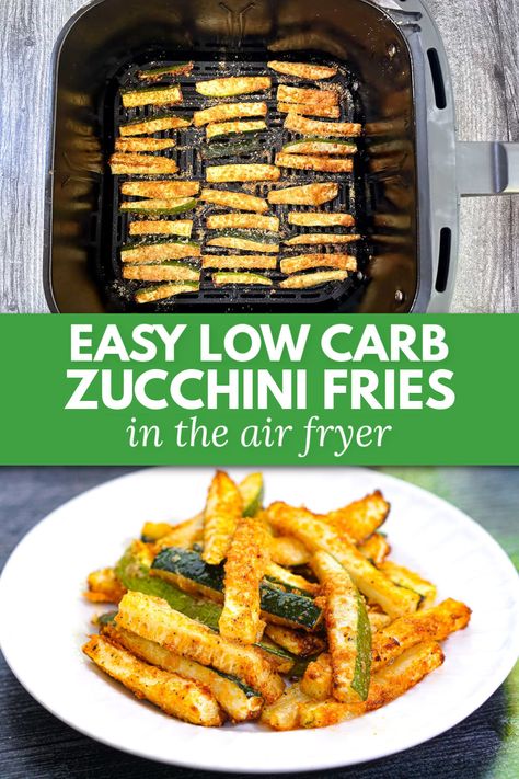 white plate with keto zucchini air fryer frees and text Air Fryer Zucchini Fries Low Carb, Zuchini Air Fryer Recipe Keto, Airfryer Zucchini Fries, Zucchini Air Fryer Recipes, Keto Air Fryer Zucchini, Zucchini Fries Air Fryer, Zucchini Fries Healthy, Airfryer Zucchini, Zucchini Fries Recipe