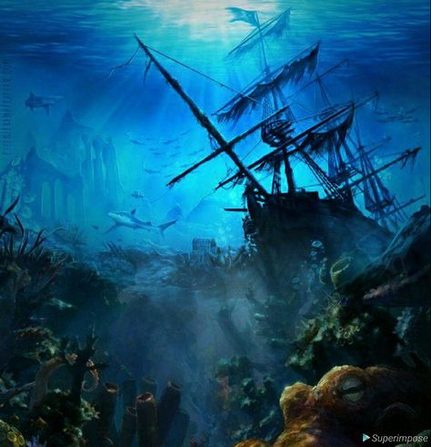 Pirate Ship Underwater, Sunken Ship Tattoo Shipwreck, Underwater Shipwreck Art, Sunken Ship Drawing, Ship Wreck Tattoo, Ships Underwater, Shipwreck Art, Ship Underwater, Shipwreck Tattoo