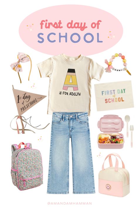 Sharing some outfit ideas for the first day of school! #firstdayofschool #backtoschool Spring Picture Day Outfits For School, First Day Of Preschool Outfit, First Day Of Kindergarten Outfit, 1 Day Of School, School Picture Outfits, Kids School Organization, Daycare Outfits, Back To School Accessories, First Day Of School Photo