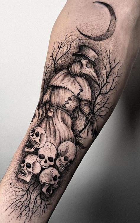 Plauge Doctor Tattoo Cute, Plague Doctor Tattoo Sleeve, Black Plague Tattoo, The Plague Doctor Tattoo, Spooky Shin Tattoo, Plague Doctor Tattoos, Creepy Sleeve Tattoo, Plague Doctor Tattoo Creepy, Unique Gothic Tattoos