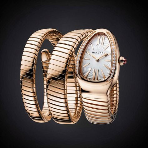 Bvgari-Tubogas-serpenti-watch-in-pink-gold-double-twist. Serpenti Tubogas Watch, Serpenti Watch, Gold Diamond Watches, Double Twist, Bvlgari Serpenti, Twisted Bracelet, Snake Design, Roman Numeral, Gold Crown