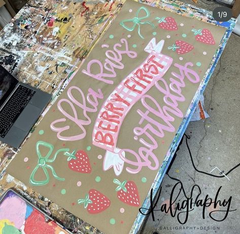 Simple Berry First Birthday, Berry First Birthday Chalkboard, Berry First Birthday Banner Painted, Strawberry Birthday Backdrop, Vintage Berry First Birthday, Berry 1st Birthday Party Decorations Diy, Berry First Birthday Sign, Strawberry Birthday Banner, Berry First Birthday Banner