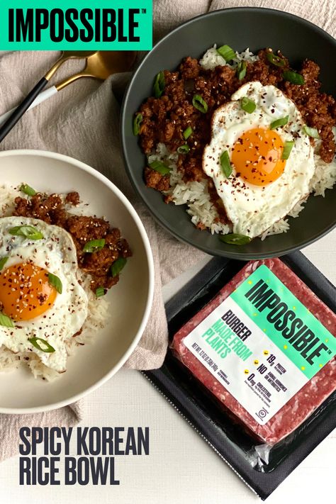 Two servings of Impossible Food's Spicy Korean Bowl recipe made with Impossible Burger, meat made from plants. This recipe is served over fluffy white rice and top with chopped onions, sesame seeds and a fried egg. Korean Rice Bowl Recipe, Pao Recipe, Pad Kra Pao, Korean Rice Bowl, Thai Pork, Impossible Burger, Korean Rice, Rice Bowls Recipes, Spicy Korean