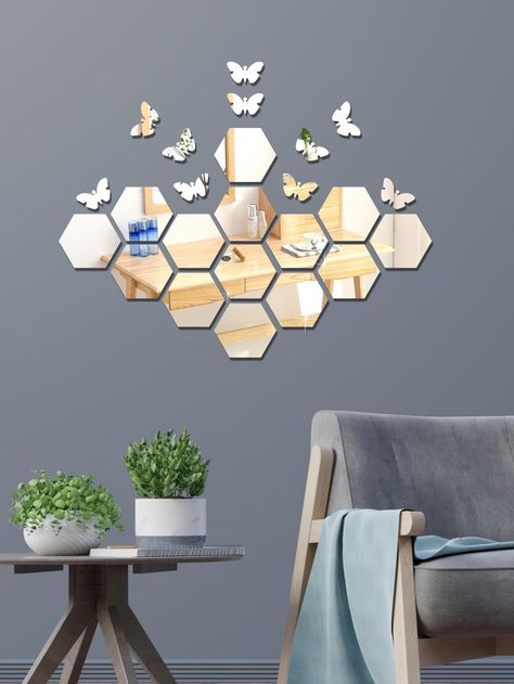 Silver  Collar  PMMA Plain  Embellished   Home Decor Hexagon Mirror Wall Decor, Mirror Wall Decor Bedroom, 3d Mirror Wall Stickers, Porch Wall Decor, Mirror Decor Living Room, Hexagon Mirror, Wall Decor Crafts, Wallpaper Walls Decor, Mirror Wall Stickers