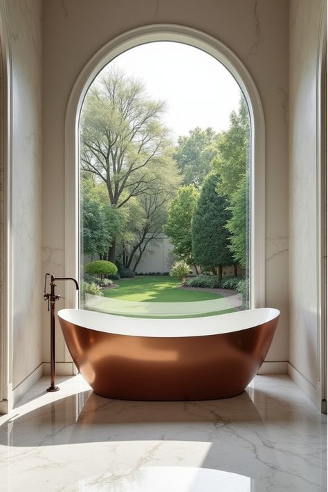 Luxurious master bathroom with copper bathtub and marble finishes Tub With A View, Dream Bathroom Master Baths, Master Bath Ideas, Master Bath Design, Master Baths, Copper Tub, Bathroom Master, Tub Surround, Bathroom Tub