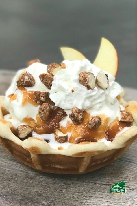 Caramel Apple Waffle Bowls Waffle Bowl Desserts, Cone Desserts, Waffle Bowl Recipe, Waffle Ideas, Waffle Bowl Maker, Apple Waffles, Thanksgiving Sweets, Homemade Waffle, National Waffle Day