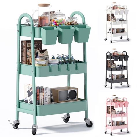 PRICES MAY VARY. 【Multi-Functional & Large Capacity】Rolling cart organizer serves the purposes of kitchen cart, baby cart, diaper cart, bathroom cart, craft cart, book cart, utility cart, art cart, makeup cart, dining cart, service cart, snack cart, tool cart, baby cart, etc. 3 individual metal baskets are big enough for a variety of items storage. What's more, 3 hanging cups and 4 hooks on this rolling utility cart create extra space for small items. 【Flexible Easy Movement】This utility cart eq Lash Cart, Diaper Cart, Makeup Cart, Teacher Cart, Hanging Cups, Mobile Bar Cart, Bar Mobile, Snack Cart, Handmade Cabinets