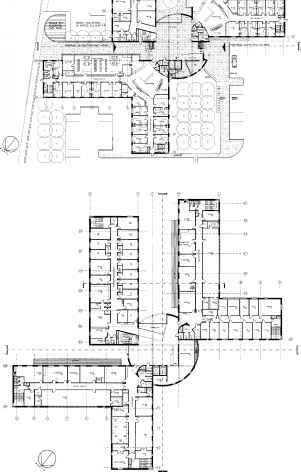 Figure 11.100 Musselburgh Primary Care Centre: ground and first floor plan. Architect: Campbell & Arnott Ltd. Primary Health Care Centre Plan, Health Center Architecture Concept, Hospital Plan Design, School Building Design Floor Plans, Hotel Ground Floor Plan, Health Care Design, Green Hospital, Hospital Plan, Rehabilitation Center Architecture