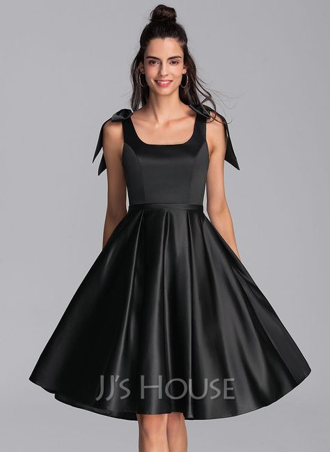 A-Line Square Neckline Knee-Length Satin Homecoming Dress With Bow(s) (022206519) - JJ's House Homecoming Dresses Knee Length, Prom Dresses Long Lace, Satin Homecoming Dress, Lace Homecoming Dresses Short, Prom Dresses Two Piece, Two Piece Homecoming Dress, Piece Prom Dress, Lace Homecoming Dresses, Plus Size Prom Dresses