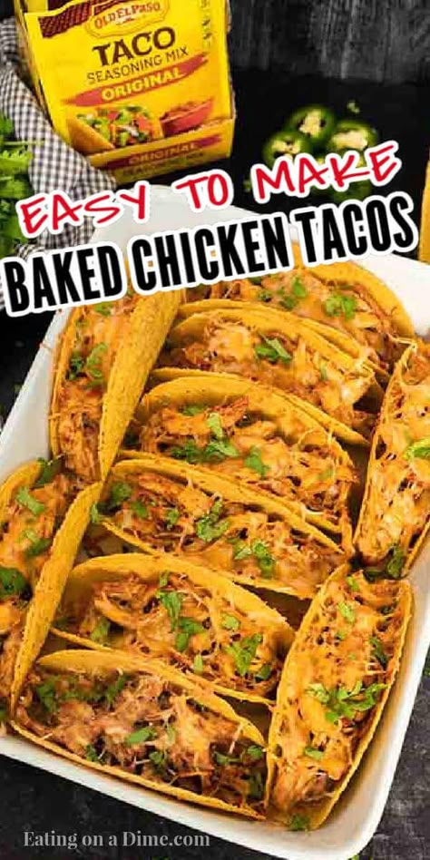 These Baked Chicken Tacos are easy to make with Old El Paso products including their taco seasoning. Everyone loves this Oven Baked Chicken Tacos Recipe! These Easy Oven Baked Chicken Tacos is the best ever healthy taco recipes. These Baked Crispy Chicken Tacos are perfect for a week day dinner or to feed a crowd at a party! #eatingonadime #tacorecipes #chickentacos #bakedtacos #mexicanrecipes Baked Chicken Tacos Recipe, Easy Chicken Taco, Oven Baked Tacos, Dizzy Cook, Baked Tacos, Spicy Chicken Tacos, Healthy Taco Recipes, Taco Side Dishes, Chicken Tacos Recipe