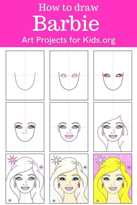 Learn how to draw Barbie with an easy step-by-step PDF tutorial. #howtodraw #tutorial #drawing #drawingtutorial #arttutorial #artprojectsforkids #howtodrawforkids #barbie #barbiedrawing Barbie Art Projects Ideas, Barbie Art Project, Barbie Painting Easy, Barbie Drawings Easy, Barbie Drawing Easy Step By Step, How To Draw Barbie Easy, How To Draw Barbie Step By Step, Barbie Painting Canvas Easy, Barbie Face Drawing