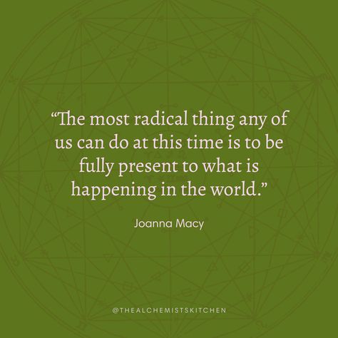 Fully Present Quote, Radical Quotes, Joanna Macy, Deep Ecology, Senior Year Quotes, Earth School, Be Present Quotes, Therapy Resources, What Is Happening