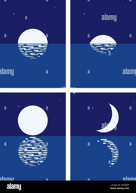 Download this stock vector: vector background set of sea, full moon and half moon phases at night. illustration of light reflection of moonlight in wavy ocean water and stars in - 2A7GJH6 from Alamy's library of millions of high resolution stock photos, illustrations and vectors. Full Moon Art Illustration, Moon Reflection On Water Painting, Whimsigoth Inspiration, Ocean Diagram, Moon Reflection On Water, Sister Tats, Reflection Drawing, Moon Over Water, Moon Reflection