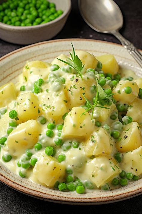 Creamed Peas And Potatoes, Potatoes And Peas, Creamed Peas, Vegetable Side Dishes Recipes, Creamed Potatoes, Potato Recipes Side Dishes, Potato Sides, Side Dishes Recipes, Potato Side Dishes