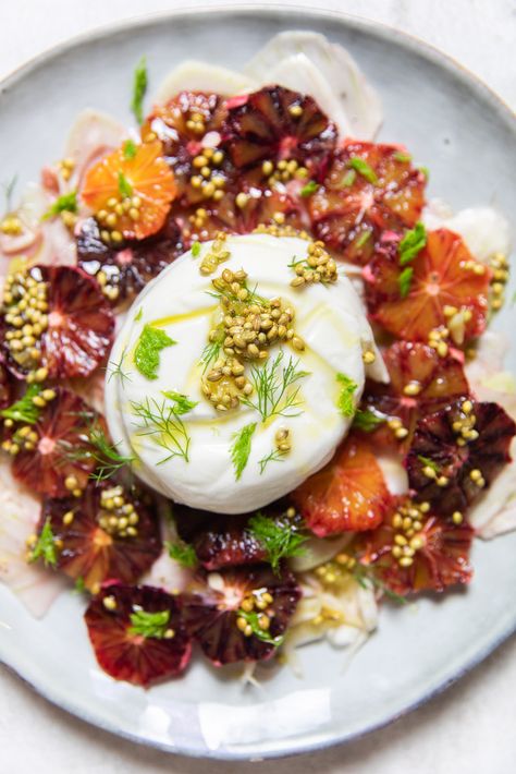 Ottolenghi’s Blood Orange & Fennel Salad with Burrata Fennel Burrata Salad, Orange Burrata Salad, Blood Orange Fennel Salad, Autumn Burrata Salad, Blood Orange Salad Recipes, Citrus Burrata Salad, Citrus Fennel Salad, Ottolenghi Salad, Fennel Orange Salad