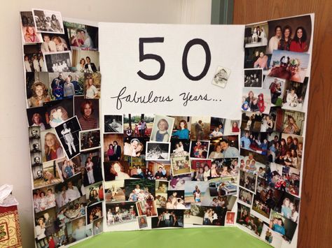 50 years, Kim's poster board Poster Board Anniversary Ideas, Photo Board Party, Birthday Signing Board Ideas, Picture Board For Birthday, Poster Board Birthday Ideas, Picture Poster Board Ideas Birthday, 50th Birthday Picture Board, 50th Birthday Photo Collage, Birthday Picture Board Ideas