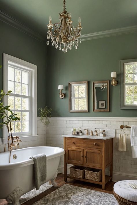 wall paint, bathroom wall decor, interior home design, bathroom color scheme Bathrooms With Green Accents, Bathroom With Green Ceiling, Cool Green Bathroom, Bathroom Paint And Wallpaper Ideas, Bathroom Decor Green Walls, Green Paint For Bathroom Walls, Trim The Same Color As Walls, Sw Oakmoss Paint, Green Wall In Bathroom