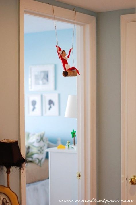 Swing | Community Post: 24 Easy Ways To Rule "Elf On The Shelf" Elf On The Shelves, Awesome Elf On The Shelf Ideas, Elf Magic, Elf Activities, Xmas Elf, Elf Antics, Elf Fun, Christmas Tablescape, Elf On The Shelf Ideas