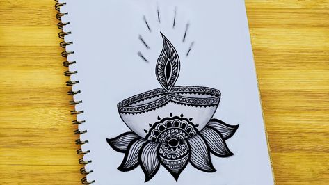 Diya Designs Diwali Drawing, Diwali Drawing Mandala, Diwali Mandala Art Drawing Easy, Diwali Mandala Art Ideas, Deepawali Drawing, Mandala Art For Diwali, Diya Mandala Art, Diwali Homework, Diwali Mandala Art