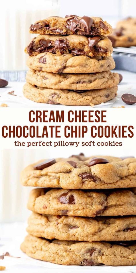 Get ready for the softest, chewiest, melt in your mouth cookies ever. These cream cheese chocolate chip cookies are perfect for anyone who loves tender cookies that are packed with chocolate chips and extra thick. The recipe is super simple to make and there's no need to chill the dough! #chocolatechip #cookies #chocolatechipcookies #softcookies #chewy #chewychocolatechipcookies #recipe #cookierecipe from Just So Tasty Cream Cheese Chocolate Chip, Cream Cheese Chocolate Chip Cookies, Chocolate Chip Shortbread Cookies, Soft Cookies, Toffee Cookies, Cream Cheese Cookies, Spice Cookies, Incredible Recipes, Soft Cookie