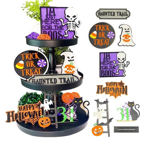 PRICES MAY VARY. 🎃Package Includeds: Halloween tray decoration set includes 7 wooden signs, a "HAUNTED TRALL" sign, a "HAPPY HALLOWEEN" sign, a "TRICK OR TREAT" sign, a black cat and October 31 wooden sign, a ghost hug with pumpkins, a skull wooden sign, a bat and a wooden sign with stairs. 👻Halloween Elements Tray Decor: the Halloween table tray deocr set is combined with various kinds of Halloween elements, such as ghost, black cat, pumpkin, its surface is printed with words related to Hallo Tiered Tray Decorations, Mini Decor, Farmhouse Tray, Pallet Decor, Theme Halloween, Farmhouse Fall, Halloween Trick Or Treat, Suzhou, Fall Holidays