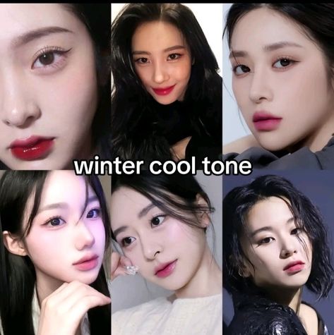 Deep Winter Color Makeup, Makeup Looks Cool Tones, Winter Tone Makeup, Makeup For Winter Skin Tone, Korean Winter Makeup, Winter Cool Tone Makeup, Winter Cool Tone Makeup Korean, Makeup For Deep Winter, Winter Undertone